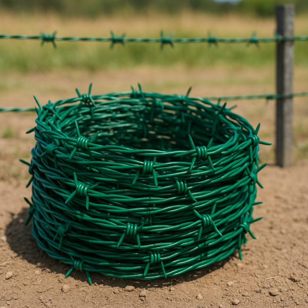 PVC coated barbed wire roll on the ground with a fence in the background, designed for long-lasting, rust-free security fencing in Pakistan.