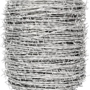 Galvanized barbed wire - Close-up full view of a large, tightly wound coil of bright silver galvanized barbed wire, emphasizing the product's quantity and metallic finish.